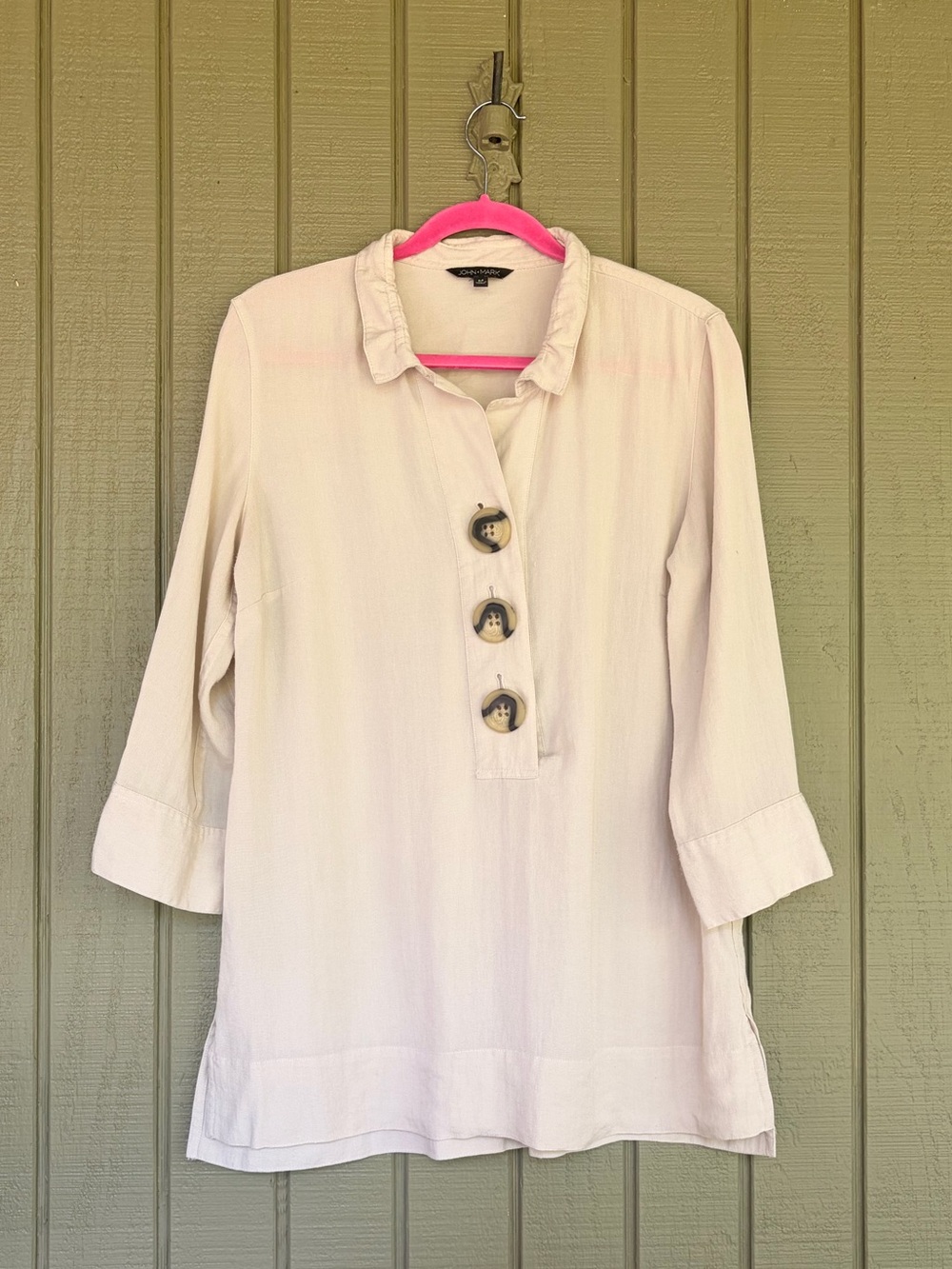 John Mark Oversized Button Henley Tunic Blouse Medium Beige 3/4 Sleeve EUC
